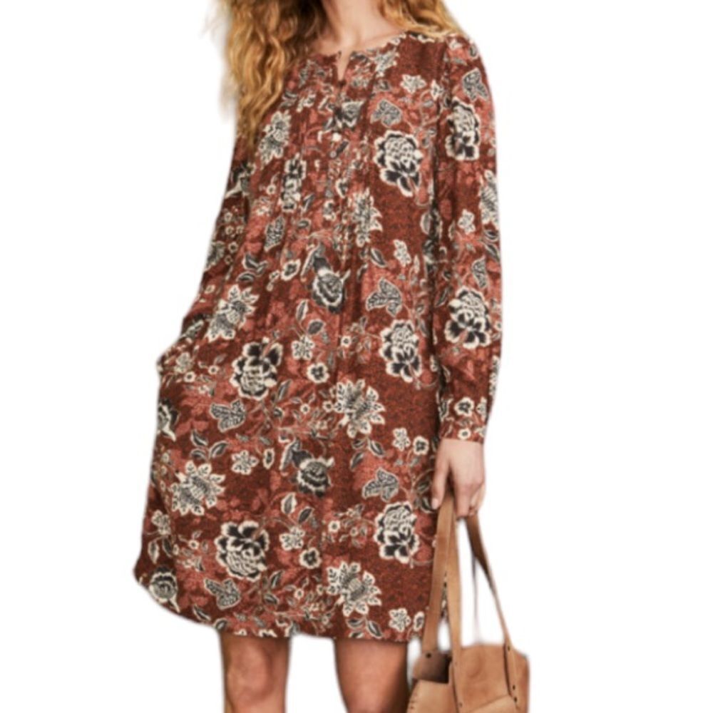 Garnet Hill Brown Rust Floral Long-Sleeve Shift Dress